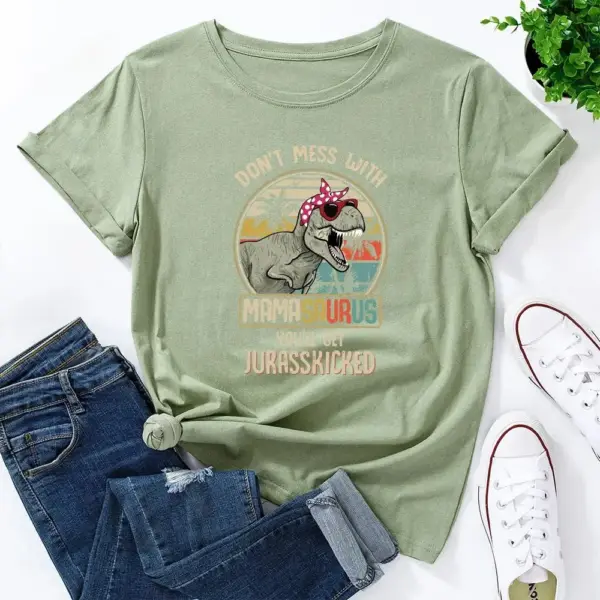 Damen T-Shirt mit T-Rex Aufdruck, Sonnenbrille und Kopftuch – Bild 7