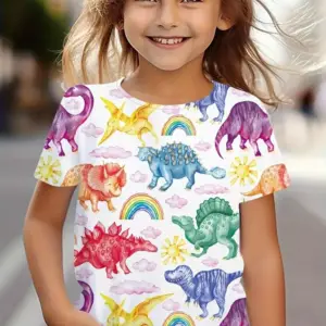 Mädchen T-Shirt kurzarm mit Dinosaurier-Aquarellmotiven – Bunt – Mädchen