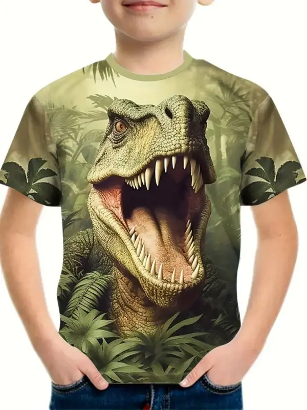 Kinder T-Shirt mit großem Dino-Kopf Druck und Rundhals – Bild 8