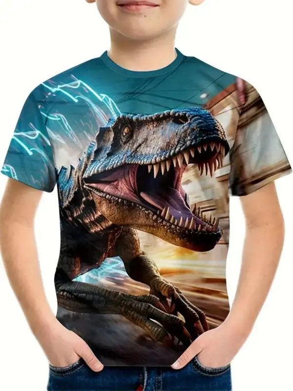 Kinder T-Shirt mit großem Dino-Kopf Druck und Rundhals – Bild 9