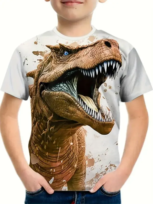Kinder T-Shirt mit großem Dino-Kopf Druck und Rundhals – Bild 10