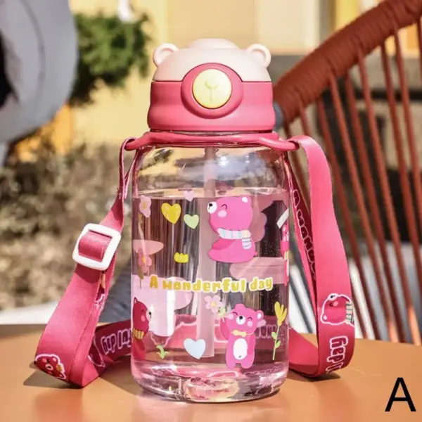 Kinder Trinkflasche mit Strohhalm, Klappdeckel und Trageband – Bild 8
