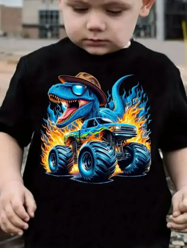 Kinder T-Shirt mit Dinosaurier-Motiven und Monstertrucks – Bild 8