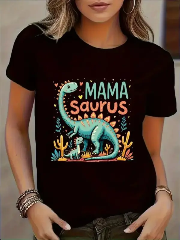 T-Shirt Damen mit Dinosaurier-Motiv, Rundhals, kurze Ärmel – Bild 6